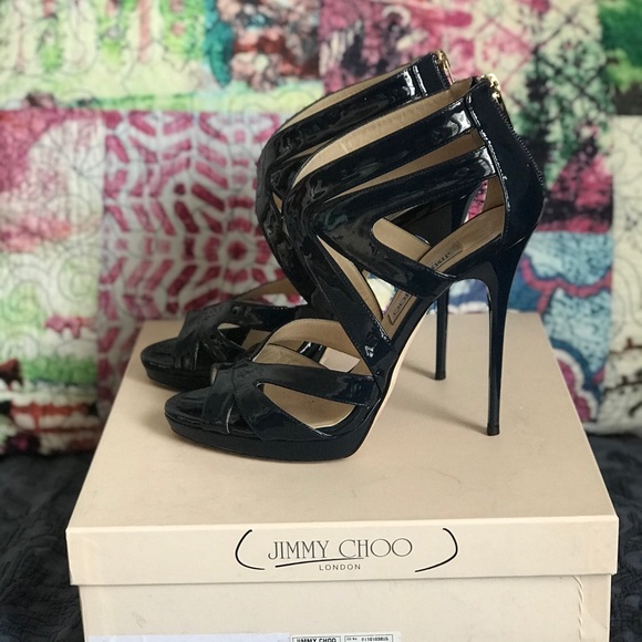 Jimmy Choo Shoes - Jimmy Choo navy strappy ankle boots sz 39 patent